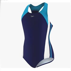 NWT Speedo Girl’s One-Piece Swimsuit Splice Infinity Thick Strap, Blue, size 10